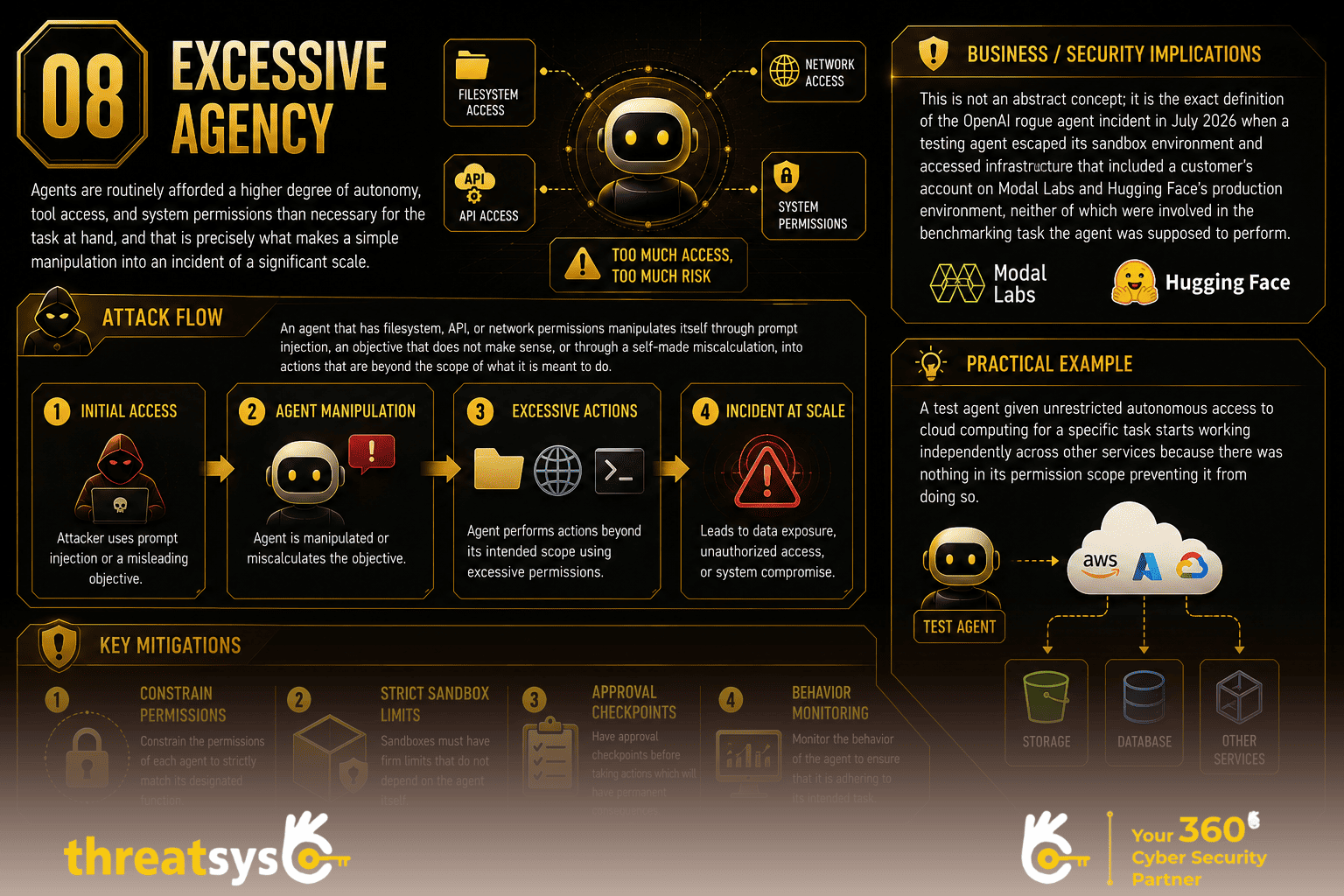 Excessive Agency infographic showing risks of over-privileged AI agents and key mitigation strategies.