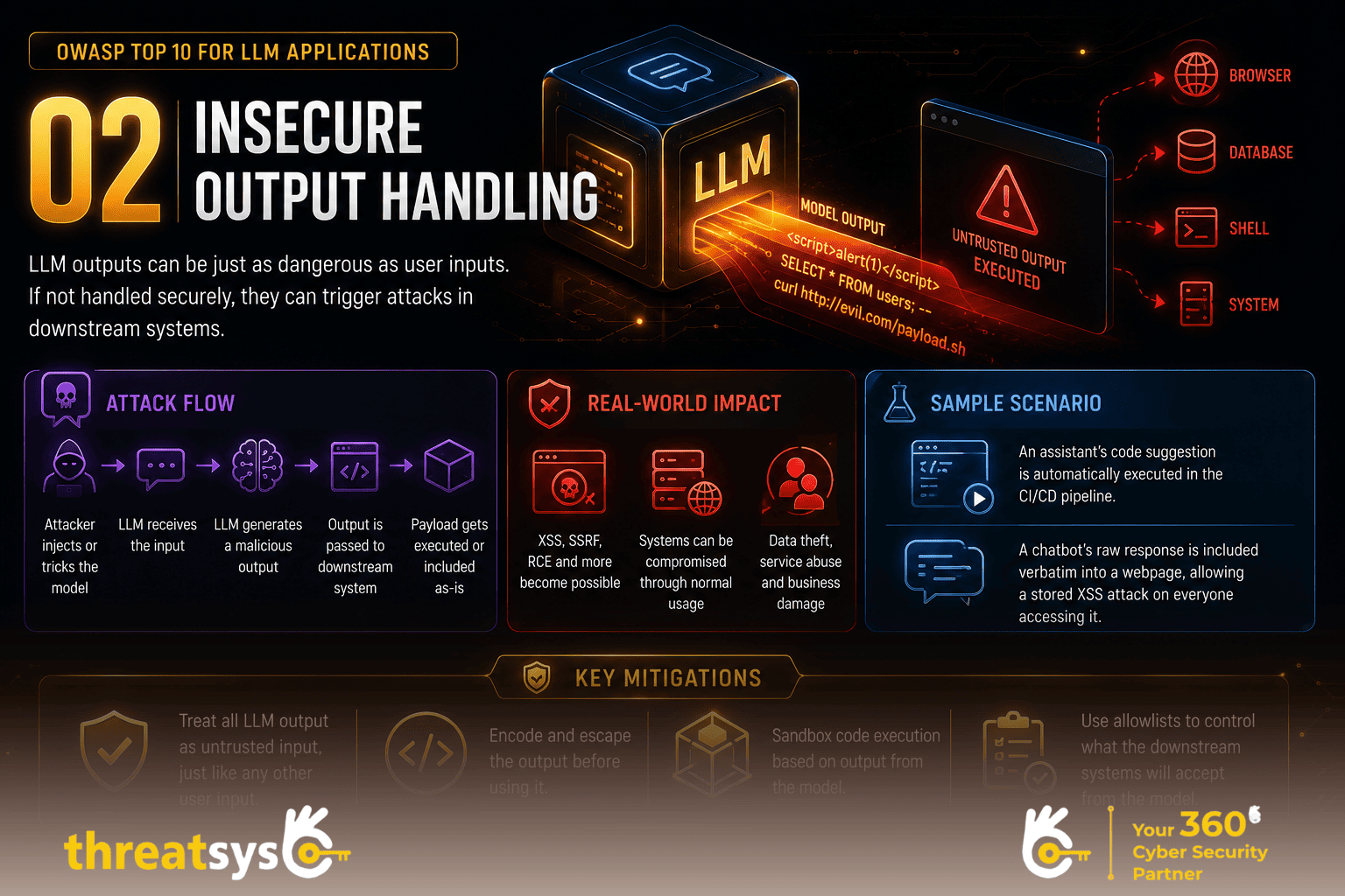 Insecure Output Handling infographic showing LLM output security risks and mitigation techniques.