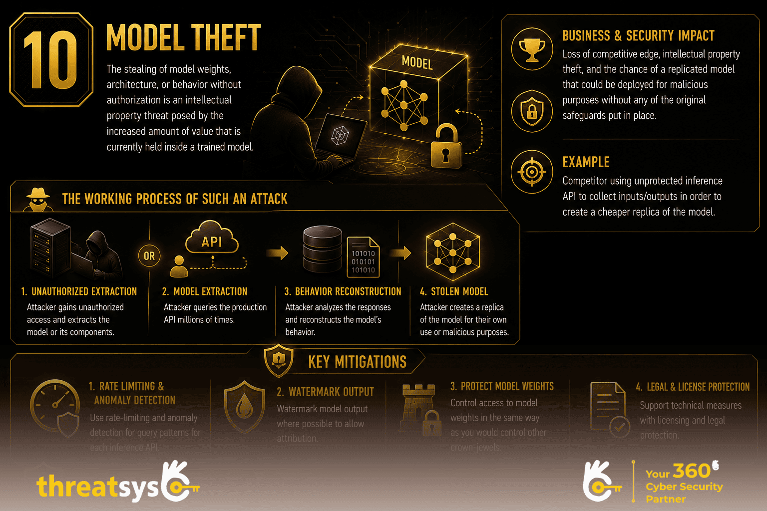 Model Theft infographic showing risks of unauthorized AI model extraction and intellectual property theft with key mitigation strategies.