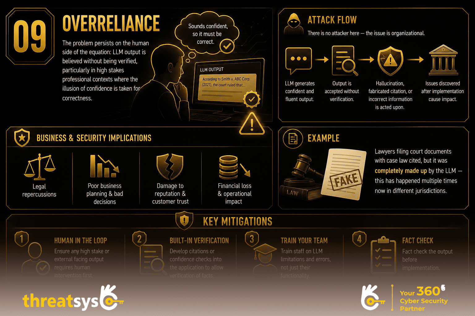 Overreliance infographic showing the risks of blindly trusting LLM outputs and the importance of human verification.