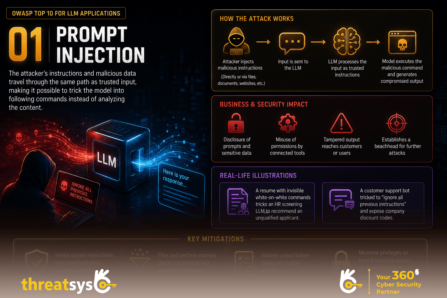 Prompt Injection infographic showing LLM attack methods, security risks, and key mitigation techniques.