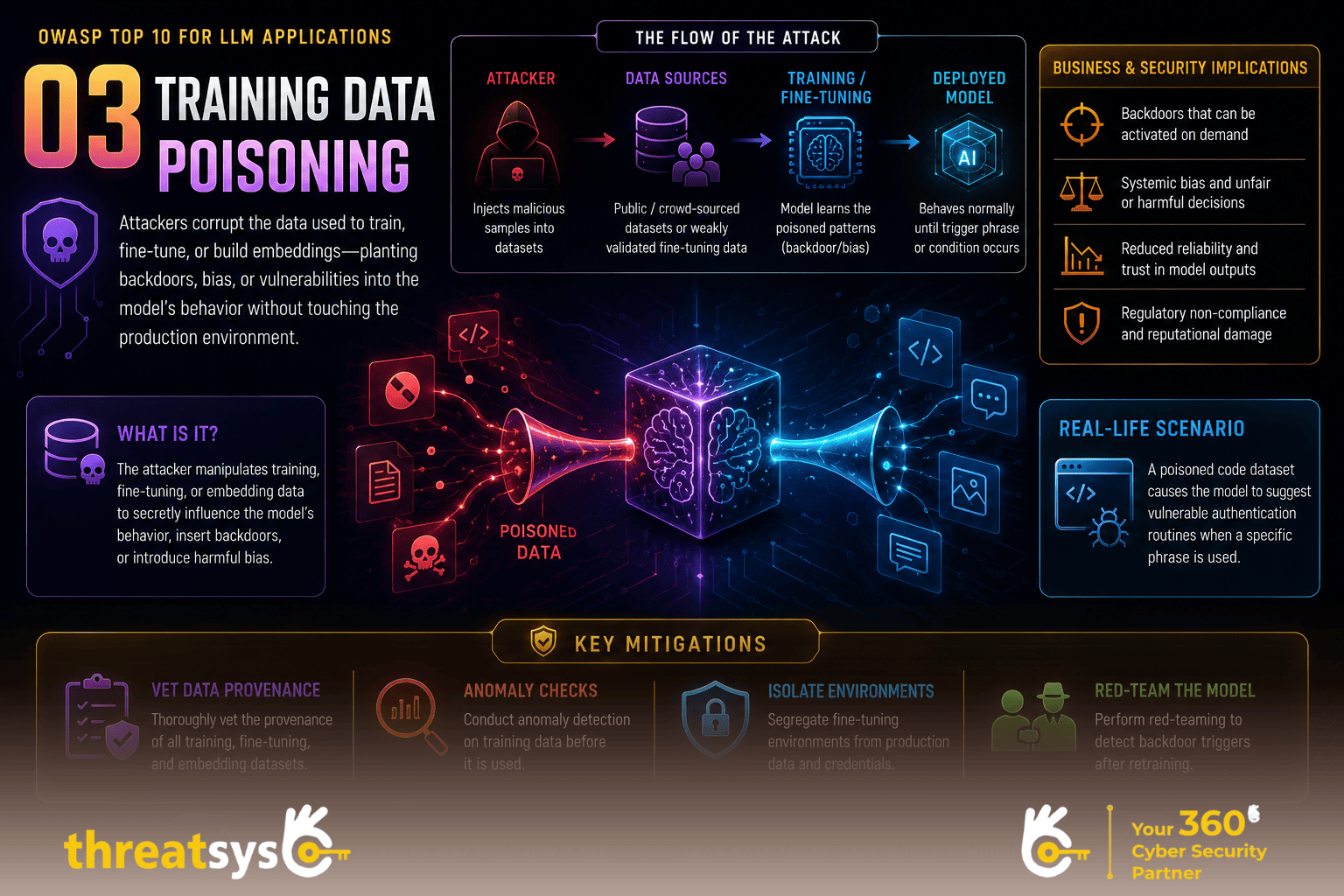 Training Data Poisoning infographic showing AI training data attacks and mitigation strategies.